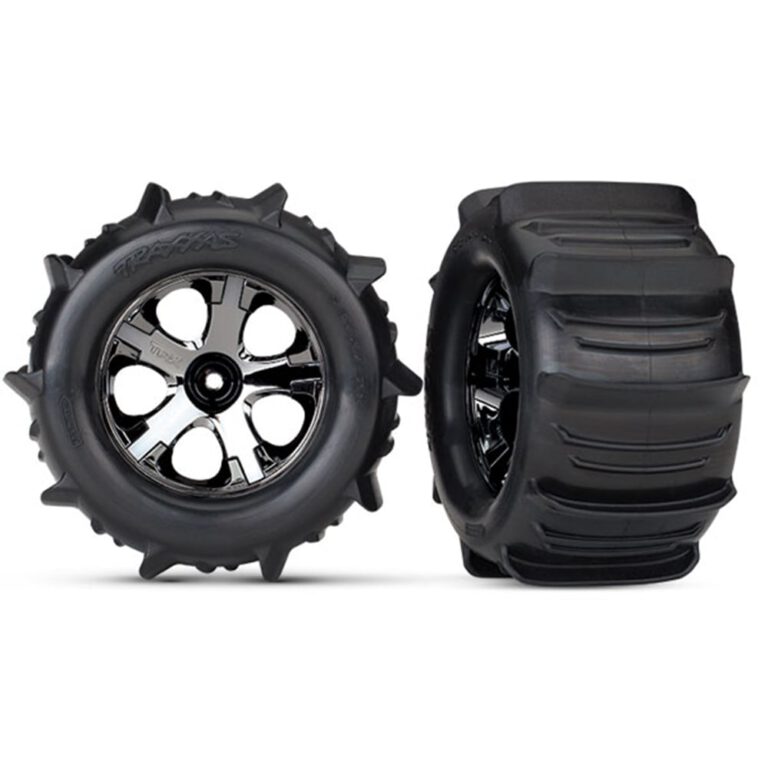 Traxxas Tires & wheels, assembled, glued (2.8″) (All-Star black chrome wheels, paddle tires, foam inserts) (nitro rear/ 4WD electric front/rear) (2) (TSM rated)