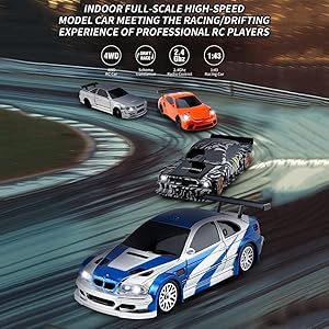 1/43 Scale RC Drift Race Car Gyro 4WD Ready to Go Mini Remote Control Car High Speed Model(Blue and Silver)