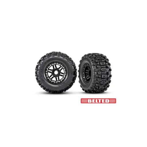 Tires & wheels, assembled, glued (black wheels, belted Sledgehammer® All-Terrain tires, dual profile (2.9″ outer, 3.8″ inner), foam inserts) (2) (17mm splined) (TSM® rated)