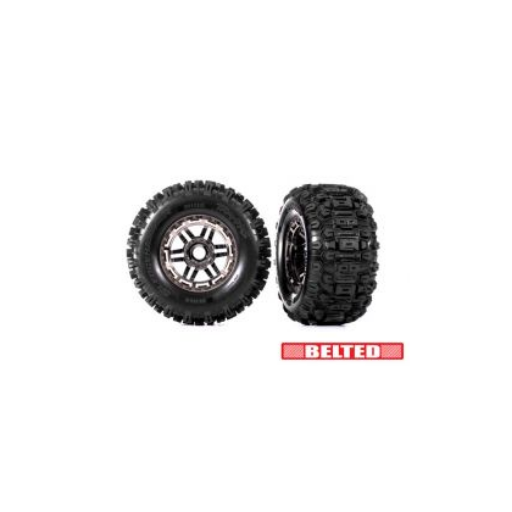 Tires & wheels, assembled, glued (black chrome wheels, belted Sledgehammer® All-Terrain tires, dual profile (2.9″ outer, 3.8″ inner), foam inserts) (2) (17mm splined) (TSM® rated)
