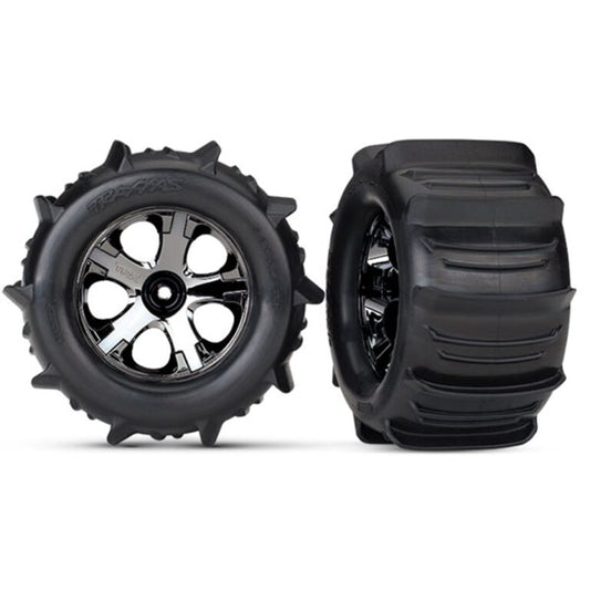 Traxxas Tires & wheels, assembled, glued (2.8″) (All-Star black chrome wheels, paddle tires, foam inserts) (nitro rear/ 4WD electric front/rear) (2) (TSM rated)